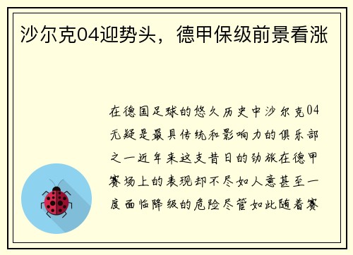 沙尔克04迎势头，德甲保级前景看涨