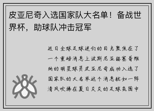 皮亚尼奇入选国家队大名单！备战世界杯，助球队冲击冠军